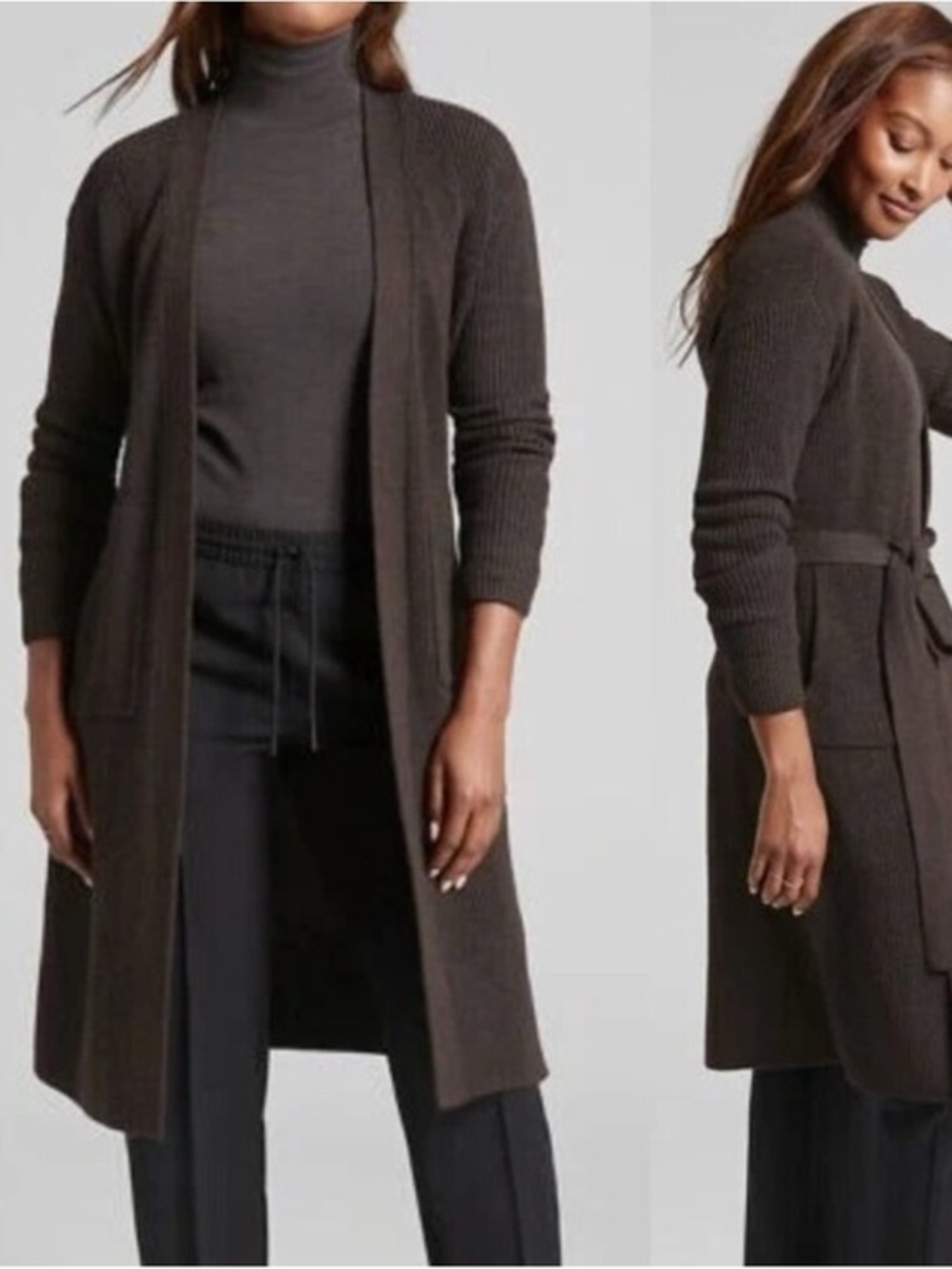 Athleta scenic wrap Tie Waist Long Cardigan Sweater Duster in Brown